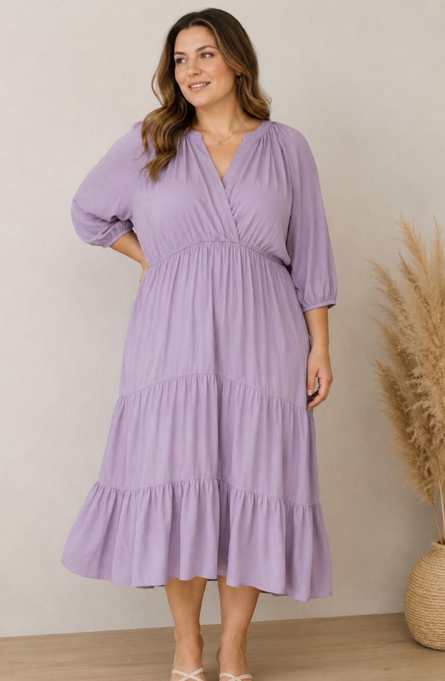 Entro Womens Large Lavender Tiered Midi Dress 3/4 Sleeve Cottagecore Boho